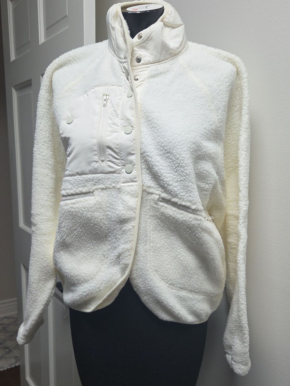 Women's Cream Teddy Fleece Jacket with Snap Front and High Collar